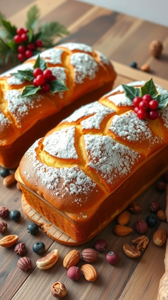 Festive Christmas Baking Loaves Recipe Two golden-brown Christmas baking loaves dusted with powdered sugar, surrounded by festive decorations.